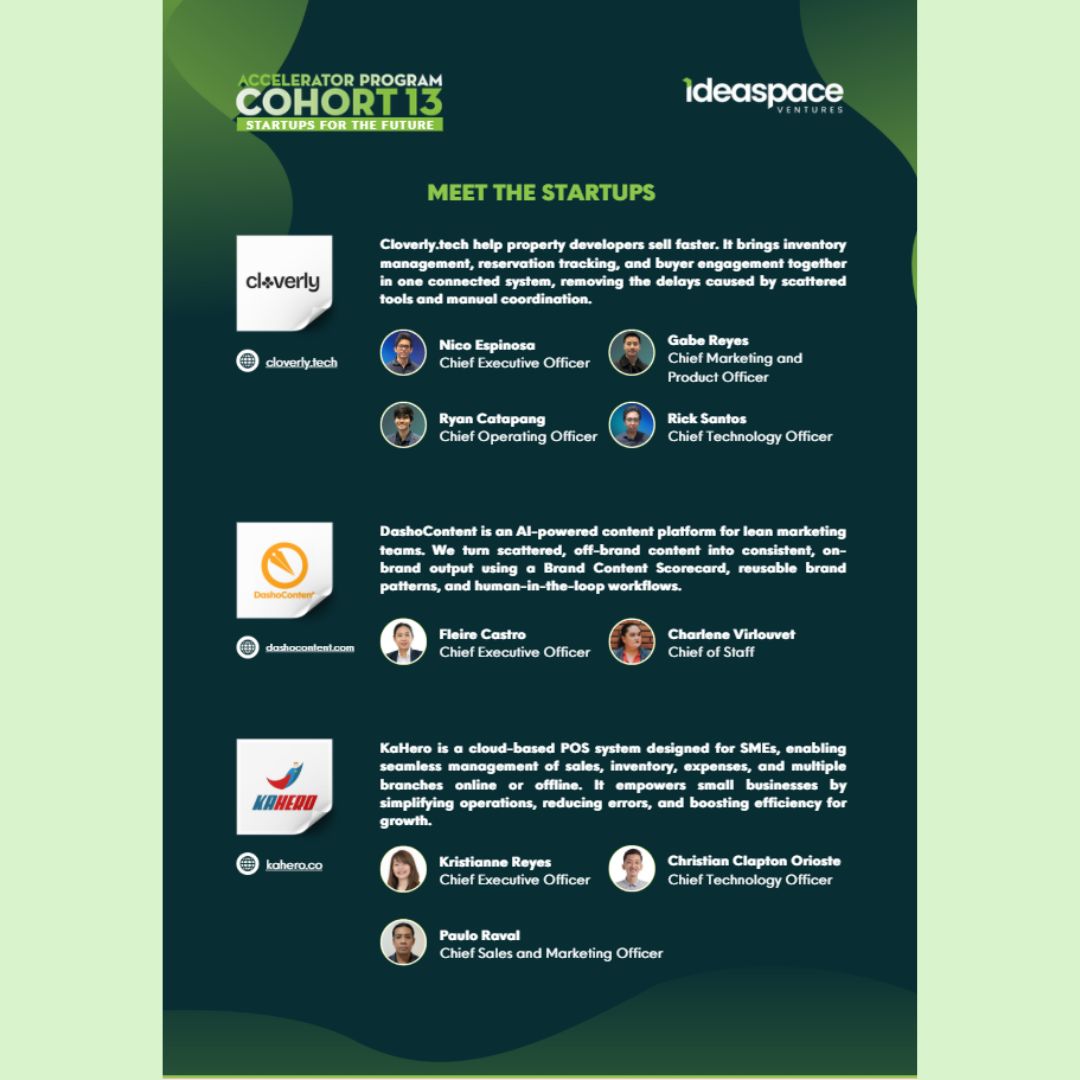 ButchMeily's tweet image. Meet our “#Startups for the Future”:
 🏠 #SoolokProperties
 💻 @KaHeroPOS 
 🖼️ @xureofficial 
 🤖 @DashoContent 
 🏘️ #Cloverly
 🚗 #PolkaMotors 

Cohort 13 is solving real-world challenges and helping build the Philippines of the future. 

#tech #InnovationInAction