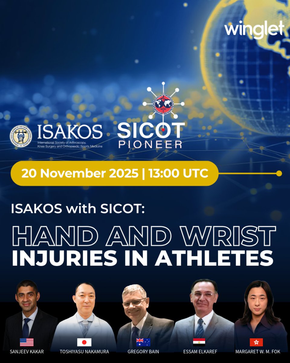 ISAKOS's tweet image. 🚨 Last chance to register for the ISAKOS &amp;amp; SICOT webinar on Hand and Wrist Injuries in Athletes! Join us live on November 20, 2025, at 13:00 UTC for expert insights. Register now ➜ isakos.com/webinars #SportsInjuries #Orthopaedics #Webinar