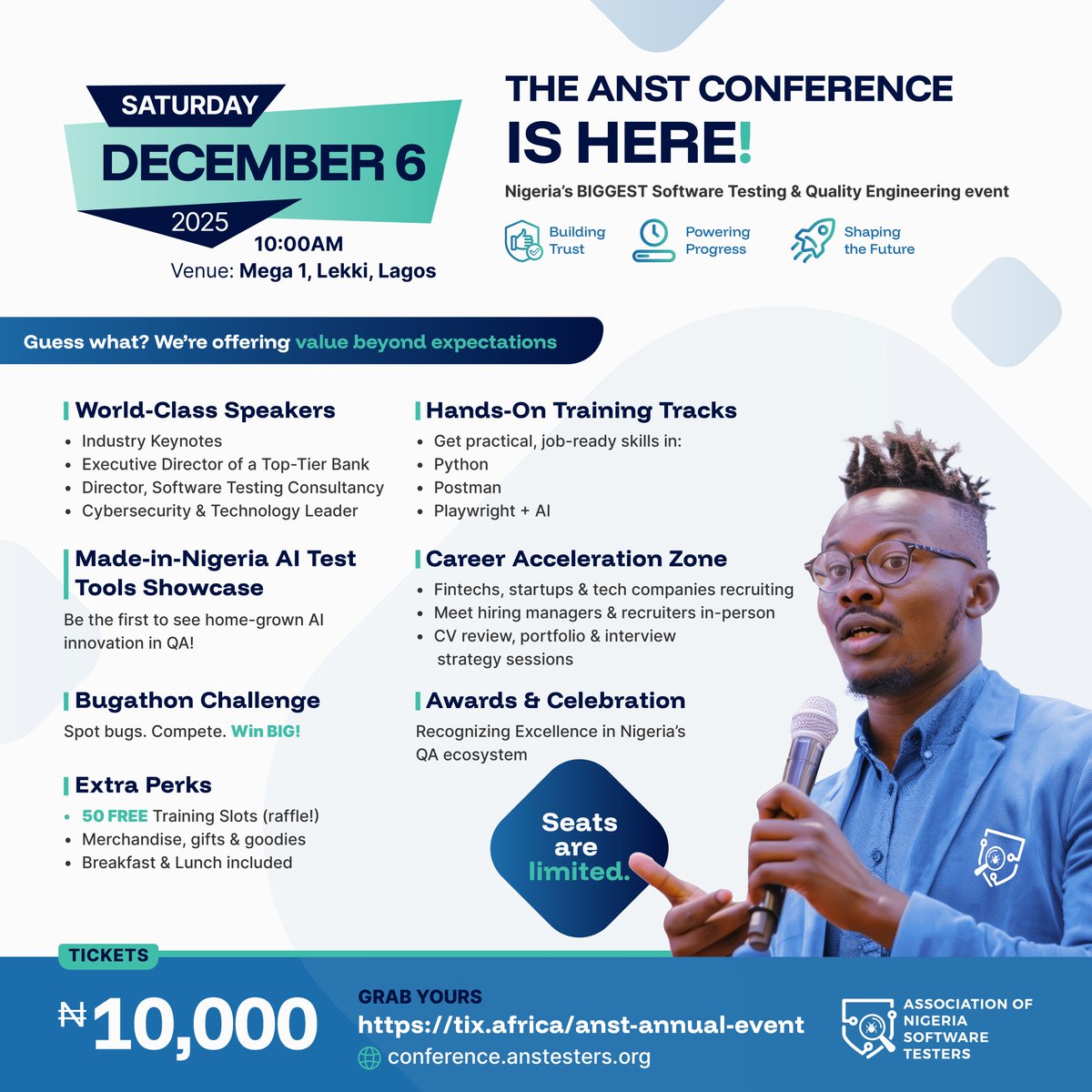 Level up your QA skills &amp; get noticed by top tech companies! 🚀 Join ANST Annual Conference 2025 for hands-on training, Bugathon prizes, networking &amp; AI tools.
📅 6 Dec | 📍 MegaOne, Lagos | 💻 Onsite &amp; Online
🎟️ Register 👉 lnkd.in/efKHD-vR
