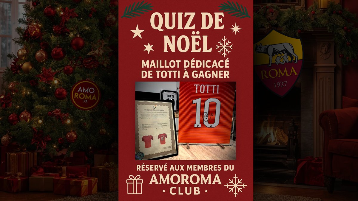 🎁 Quiz de Noël : un maillot AS Roma dédicacé par Francesco #TOTTI à gagner !

ℹ️ amoroma.fr/quiz-de-noel-u…

#asroma #roma #maillot