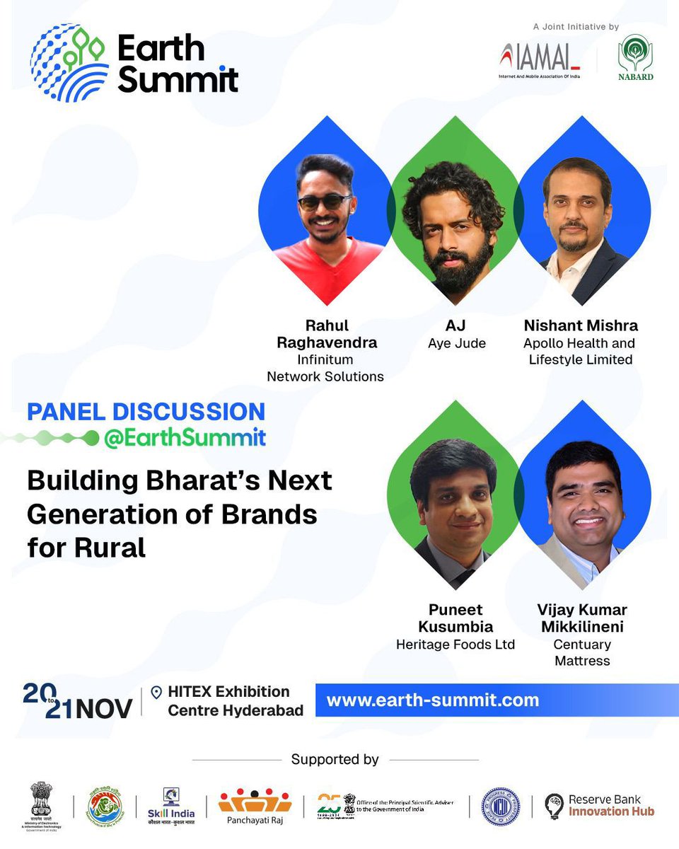 Earth_Summit_IN's tweet image. Hear directly from domain experts on Panel Discussion - Building Bharat’s Next Generation of Brands for Rural

Register Now- registration.earth-summit.com

#EarthSummitHyderabad #IAMAI #Nabard