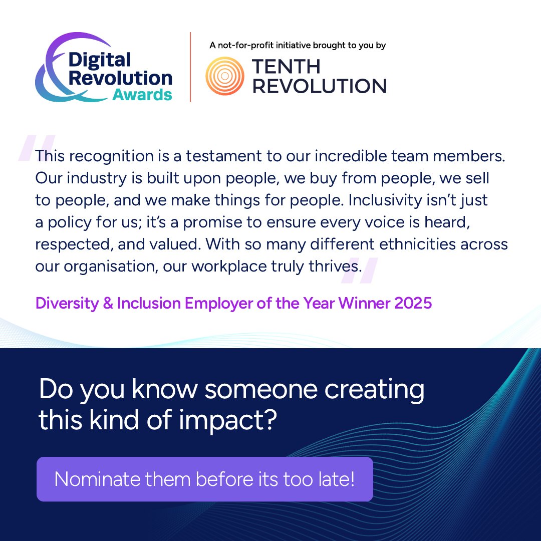 DigitalRevAward's tweet image. 🏆 1 week left to nominate for the DEI Impact Award at #DRA2026!

Celebrate those driving real, measurable inclusion in tech 💡

Submit by Dec 1 👉
eu1.hubs.ly/H0pQh080

#DigitalRevAwards #DiversityInTech #TRG #TechForGood