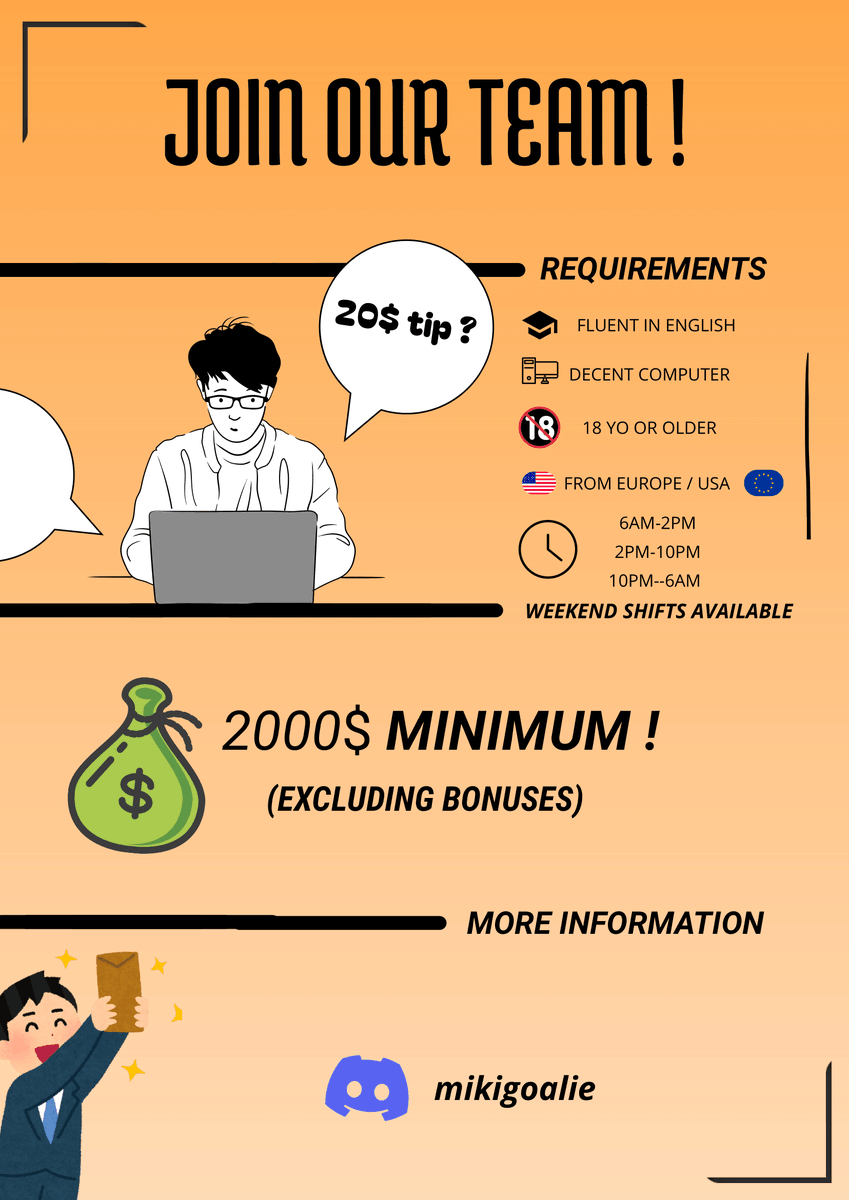 wanna get paid a decent salary for yapping? Now’s your chance 😉

hiring anyone who meets the requirements (people I know from VAL are preferred).

we offer a great opportunity for anyone looking for a comfortable remote job both full-time or part-time!

work weekdays, weekends