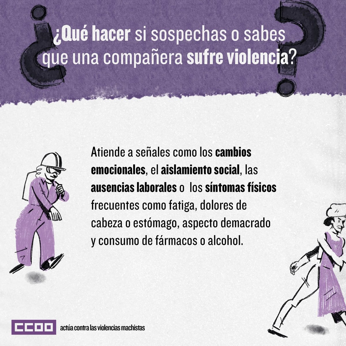 ccoo_indra's tweet image. ℹ️ ¿Qué hacer si sospechas o sabes que una compañera sufre violencia?

🕵️ Atiende a las señales

‼️Actúa frente a los rumores y ponte a su disposición

🫂Crea un entorno de confianza

📝 Dale información sobre derechos y recursos

#NingunaMujerSola #25N

➕ Info 👇👇👇