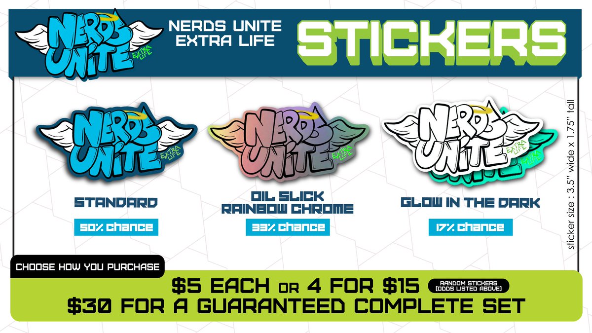 CSSully's tweet image. Celebrating our 6th year of Extra Life with some NEW, exclusive stickers. Pre-order now and get them in a few weeks : forms.gle/mGdQ3vFN9hEa25…
All money earned goes to our fundraising efforts for Children&apos;s Miracle Network Hospitals!!