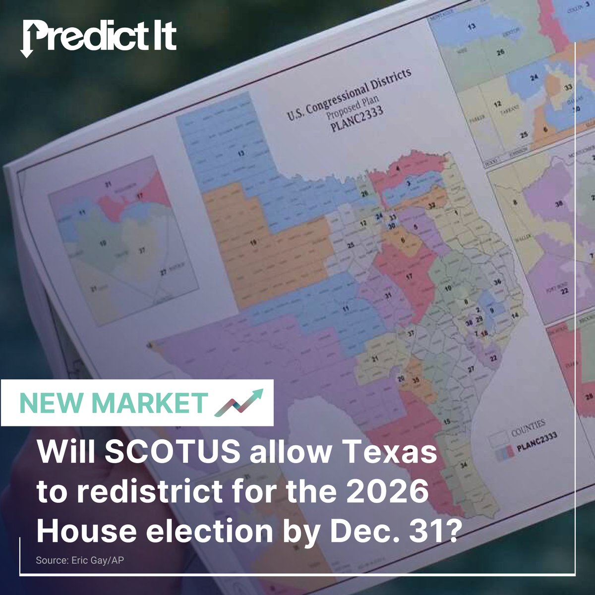 PredictIt's tweet image. Hours after a federal court blocked Texas&apos; newly drawn congressional map, Gov. @GregAbbott_TX appealed the decision to the Supreme Court. 

Will SCOTUS allow the GOP in the Lone Star State to use its new map for next year&apos;s election? shorturl.at/S9TYp #PredictIt