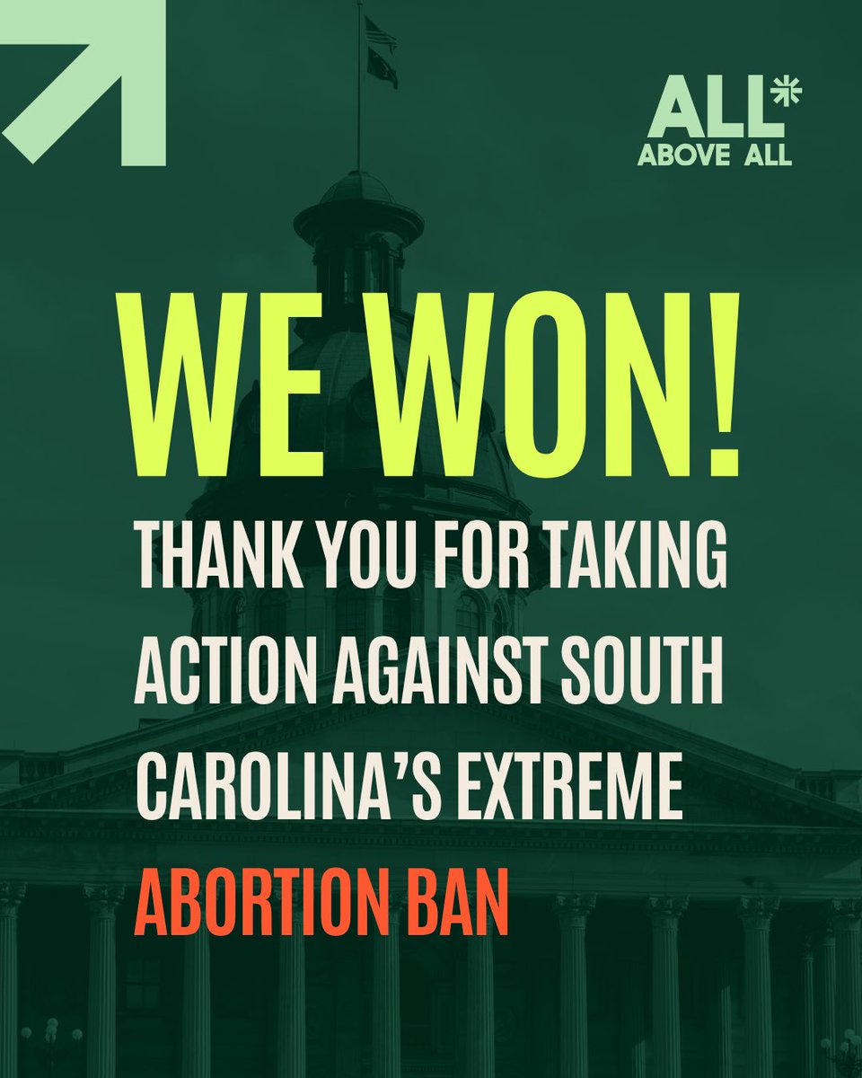 AllAboveAll's tweet image. South Carolina, YOU did that. 💪
Because people spoke out, SB 323 — the most dangerous abortion ban in the country — failed to advance.

Huge thanks to Senators Tedder, Sabb &amp;amp; Hutto, and every org and community member who mobilized.
Your voice made this win possible. 💚