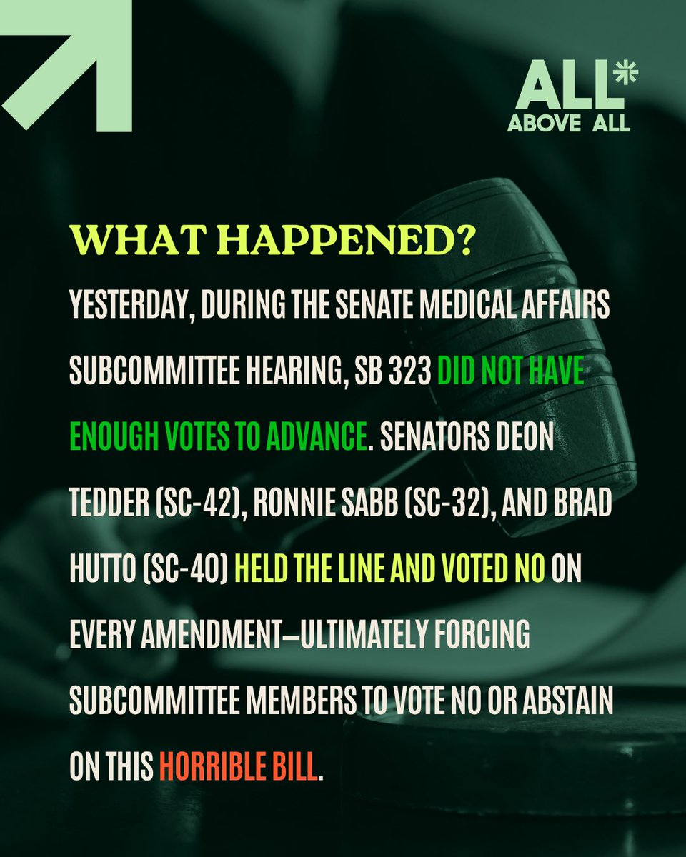 AllAboveAll's tweet image. South Carolina, YOU did that. 💪
Because people spoke out, SB 323 — the most dangerous abortion ban in the country — failed to advance.

Huge thanks to Senators Tedder, Sabb &amp;amp; Hutto, and every org and community member who mobilized.
Your voice made this win possible. 💚