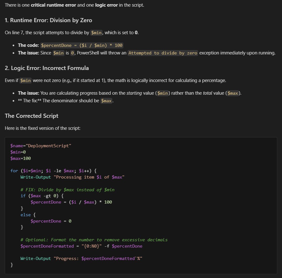 dfinke's tweet image. Gemini finds the error and gives the corrected #PowerShell script.