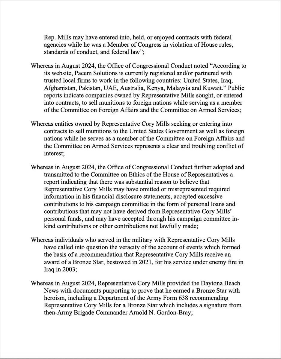 RepNancyMace's tweet image. Here is the privileged Resolution I will offer on the Floor of the US House of Representatives this afternoon to censure Rep. Cory Mills for alleged stolen valor, arms deals he&apos;s under investigation for and alleged abuses toward women...

HOLD THE LINE…