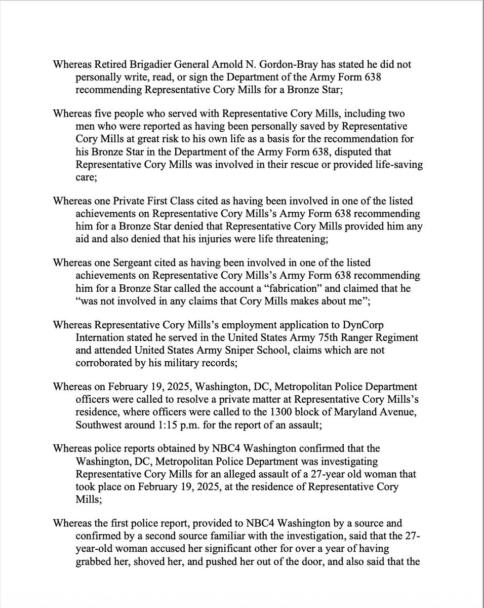 RepNancyMace's tweet image. Here is the privileged Resolution I will offer on the Floor of the US House of Representatives this afternoon to censure Rep. Cory Mills for alleged stolen valor, arms deals he&apos;s under investigation for and alleged abuses toward women...

HOLD THE LINE…