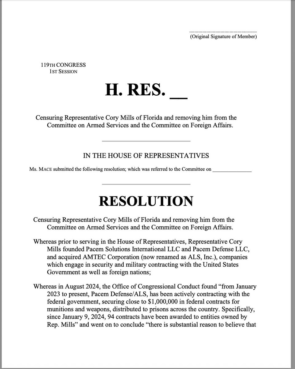 RepNancyMace's tweet image. Here is the privileged Resolution I will offer on the Floor of the US House of Representatives this afternoon to censure Rep. Cory Mills for alleged stolen valor, arms deals he&apos;s under investigation for and alleged abuses toward women...

HOLD THE LINE…