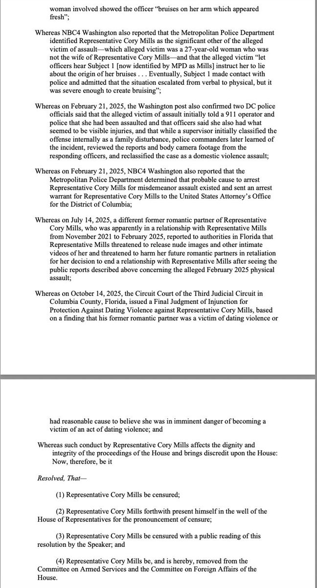 RepNancyMace's tweet image. Here is the privileged Resolution I will offer on the Floor of the US House of Representatives this afternoon to censure Rep. Cory Mills for alleged stolen valor, arms deals he&apos;s under investigation for and alleged abuses toward women...

HOLD THE LINE…