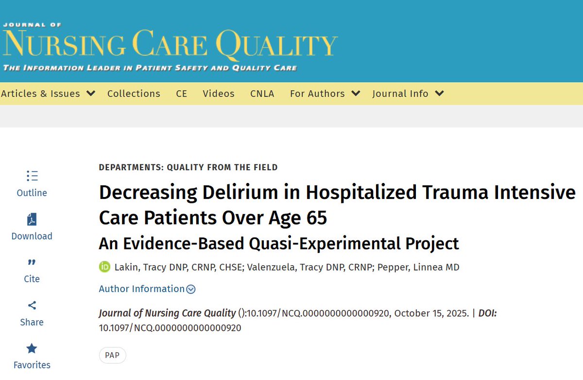 #QualityFromTheField "Decreasing Delirium in Hospitalized Trauma Intensive Care Patients Over Age 65: An Evidence-Based Quasi-Experimental Project"

The incorporation of a multidisciplinary team approach promoted consistency in care.

tinyurl.com/32vyr74n