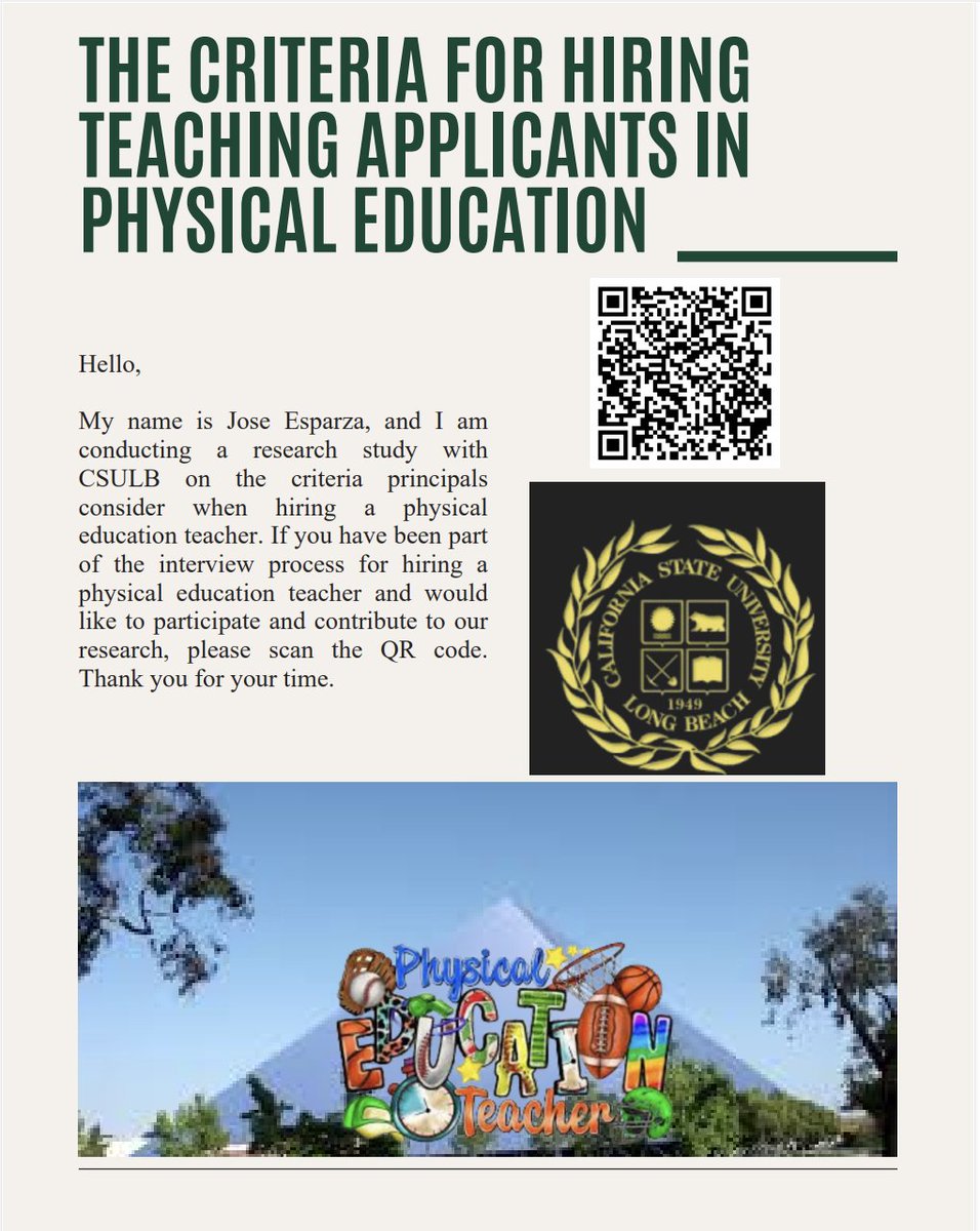 CSULB_APE's tweet image. Jose Esparza (CSULB master&apos;s student in PE) is conducting his capstone research study on the criteria principals consider when hiring a PE teacher. Please click the link to participate:
docs.google.com/forms/d/e/1FAI…