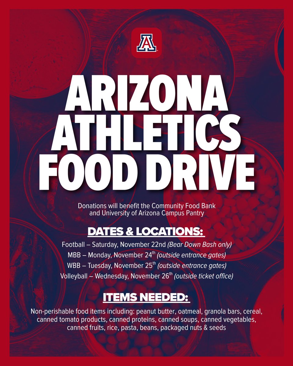 AZATHLETICS's tweet image. Wildcats give back. 

Join Arizona Athletics as we support the Community Food Bank and the @uarizona Campus Pantry. Bring your donations to any of our four upcoming events and help feed our community! 🥫❤️