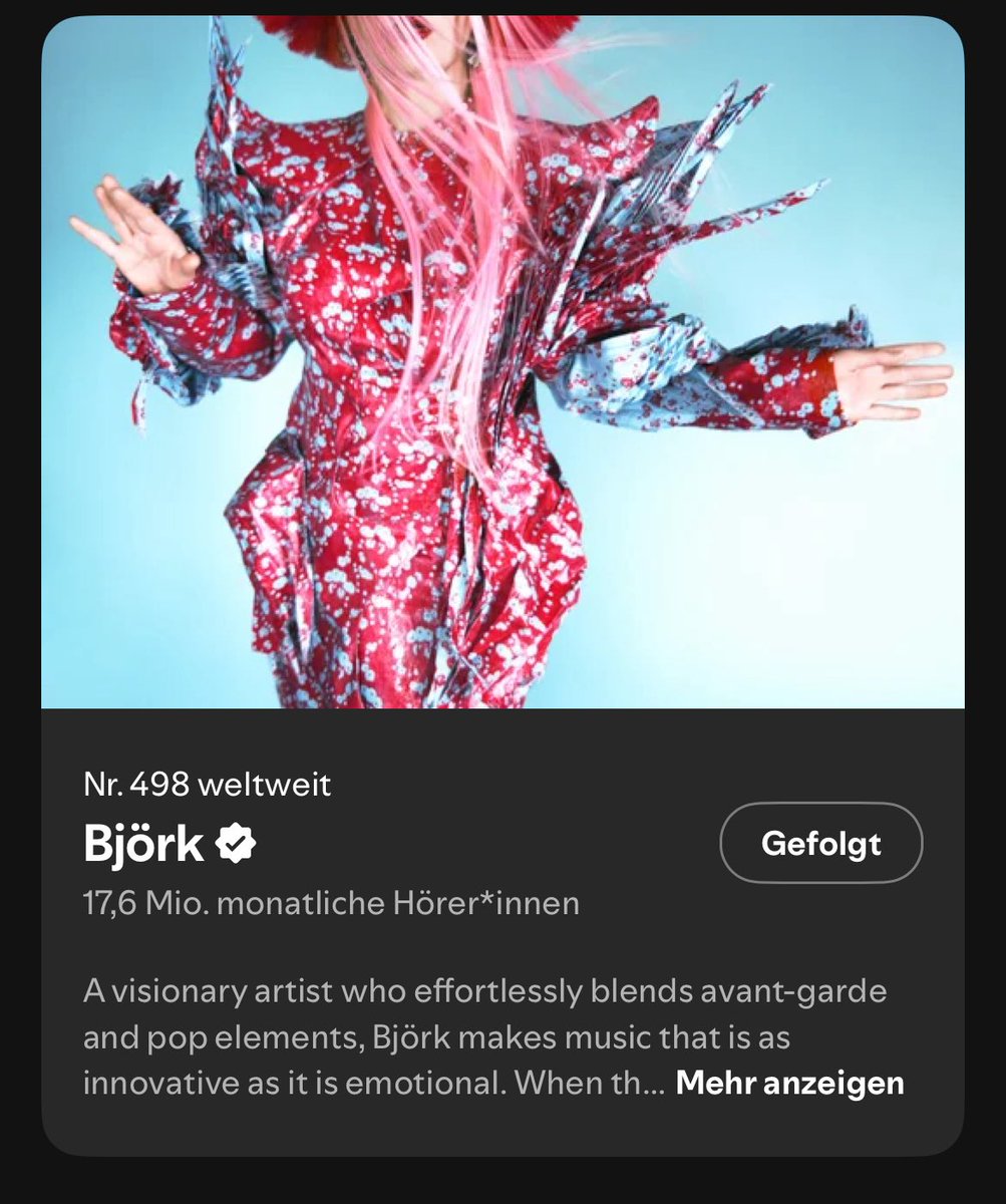 bjorkspears's tweet image. 🚨🎉Björk enters the top 500 artists list on Spotify for the first time in her career

Congrats @bjork !!