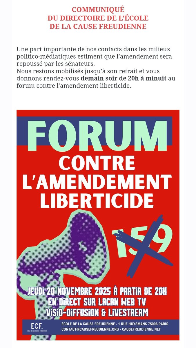 COMMUNIQUÉ DU DIRECTOIRE 
Une part importante de nos contacts dans les milieux politico-médiatiques estiment que l’amendement sera repoussé par les sénateurs. 
Nous restons mobilisés jusqu’à son retrait et vous donnons rendez-vous demain soir de 20h à minuit