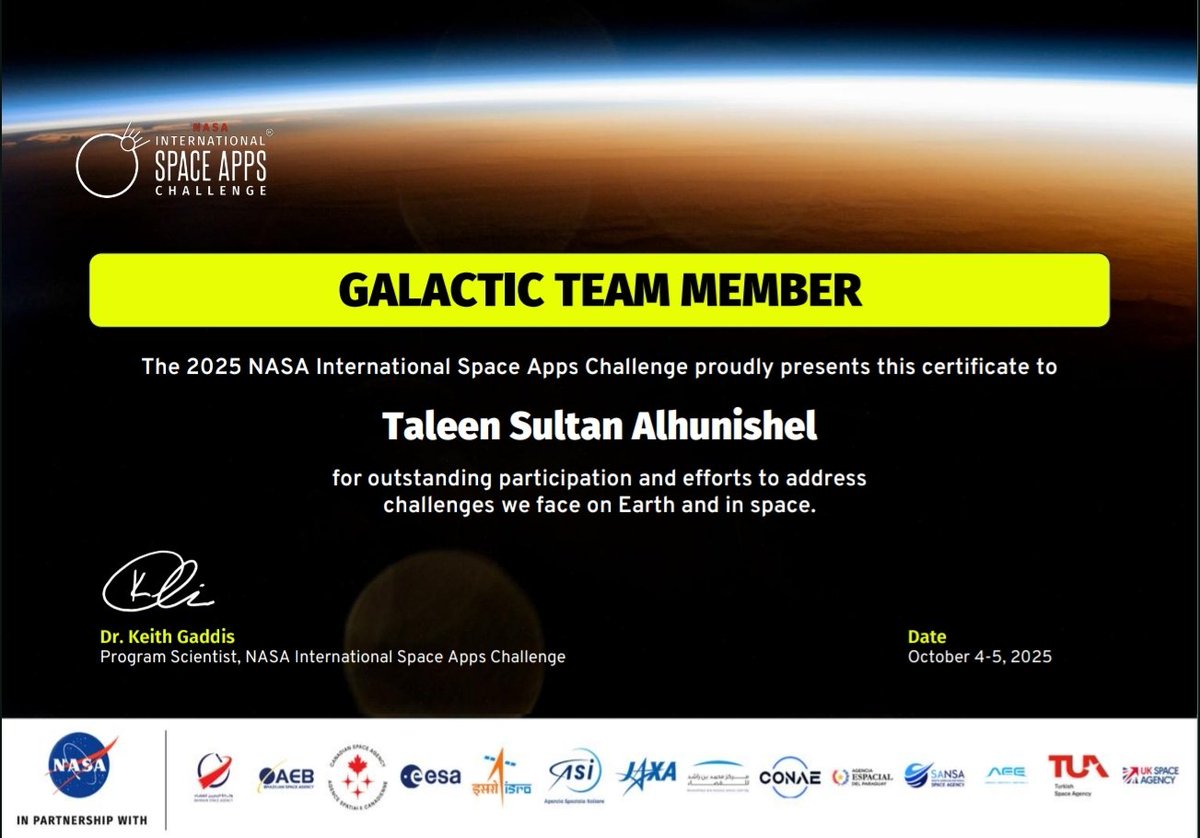 TalenA484's tweet image. Proud to be part of the 2025 NASA International Space Apps Challenge! 🚀
Grateful for the experience and the chance to contribute to real-world and space-related challenges. Onwards. ✨
#SpaceApps #NASA #Innovation