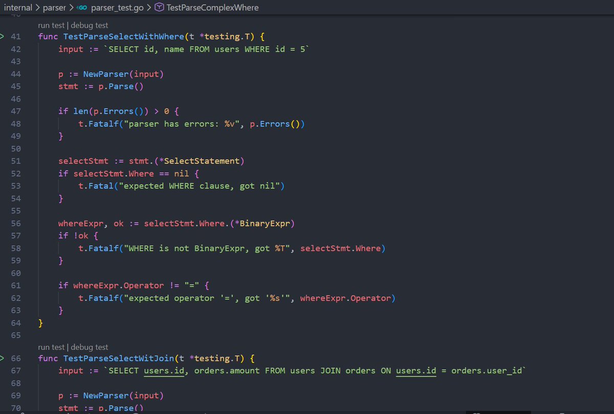 AditKSingh's tweet image. finished the 1st part and wrote some testcases too🔥

here&apos;s what I have implemented so far:

&amp;gt; built a sql lexer +parser
&amp;gt; added a full recursive-descent parser with lookahead and operator-precedence handling

among many other things....

now moving on to the next 

ok bye