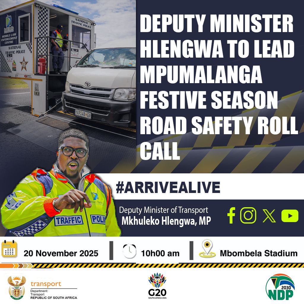 Dotransport's tweet image. DEPUTY MINISTER HLENGWA TO INSPECT MPUMALANGA TRAFFIC POLICE AHEAD OF FESTIVE SEASON ROAD SAFETY DEPLOYMENT

Deputy Minister @MkhulekoHlengwa will inspect roll call for traffic law enforcement officers in Mpumalanga as part of preparations for the festive season campaign