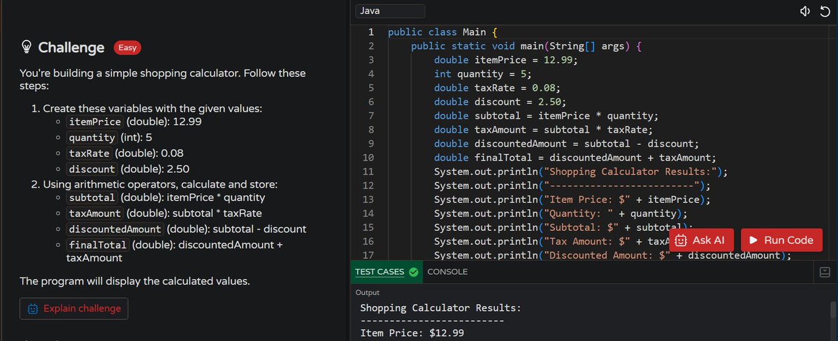 MoniTechCodes's tweet image. Day 107
Java – practiced arrays, modifying elements, and completed an operators challenge.
Slowly getting more comfortable with the fundamentals. 🔧📘
#100DaysOfCode #Java #CodingJourney #30NitesOfCode #LearnInPublic #DevProgress #ProgrammerLife

codedex.io/community/30-n…
