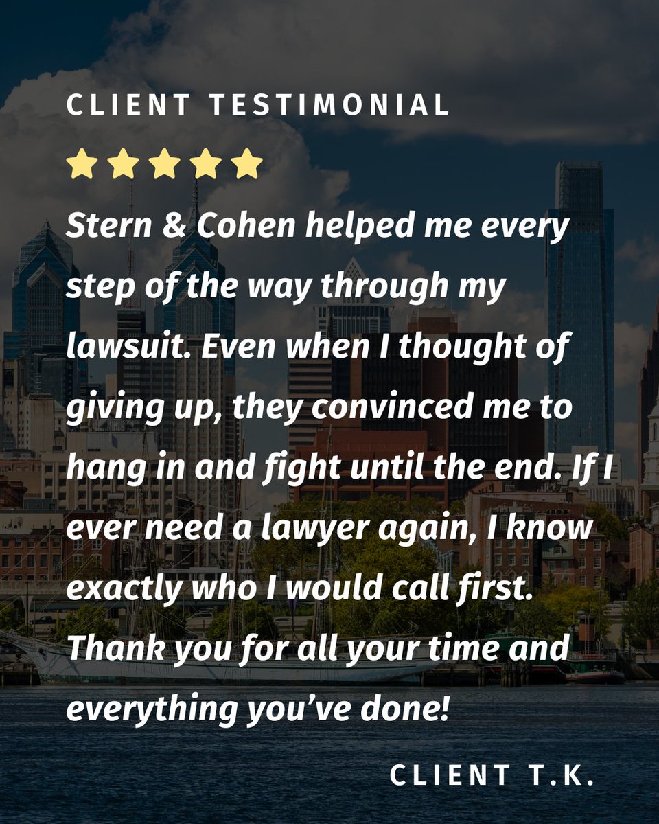 SternCohenLaw1's tweet image. Behind every case is a person who just wants to be heard and helped. We’re proud to stand by our clients when the process feels overwhelming, and to see them come out stronger on the other side.

#sternandcohen #clienttestimonial #philly #philadelphiaattorney