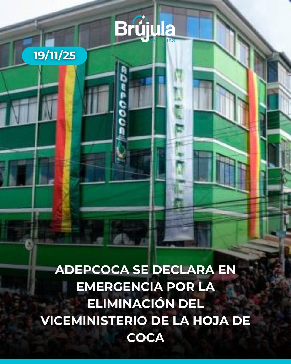 BrujulaNoticias's tweet photo. 🚨 #Adepcoca se declaró en emergencia tras la emisión del DS 5488, que eliminó el Viceministerio de la Hoja de #Coca.
🗣 El sector denuncia que pierde representación política y advierte con acciones legales y protestas. 🍃
👇🏻 Los detalles:
https://t.co/OmORqDoIW1 https://t.co/hhlZZ8hS5o