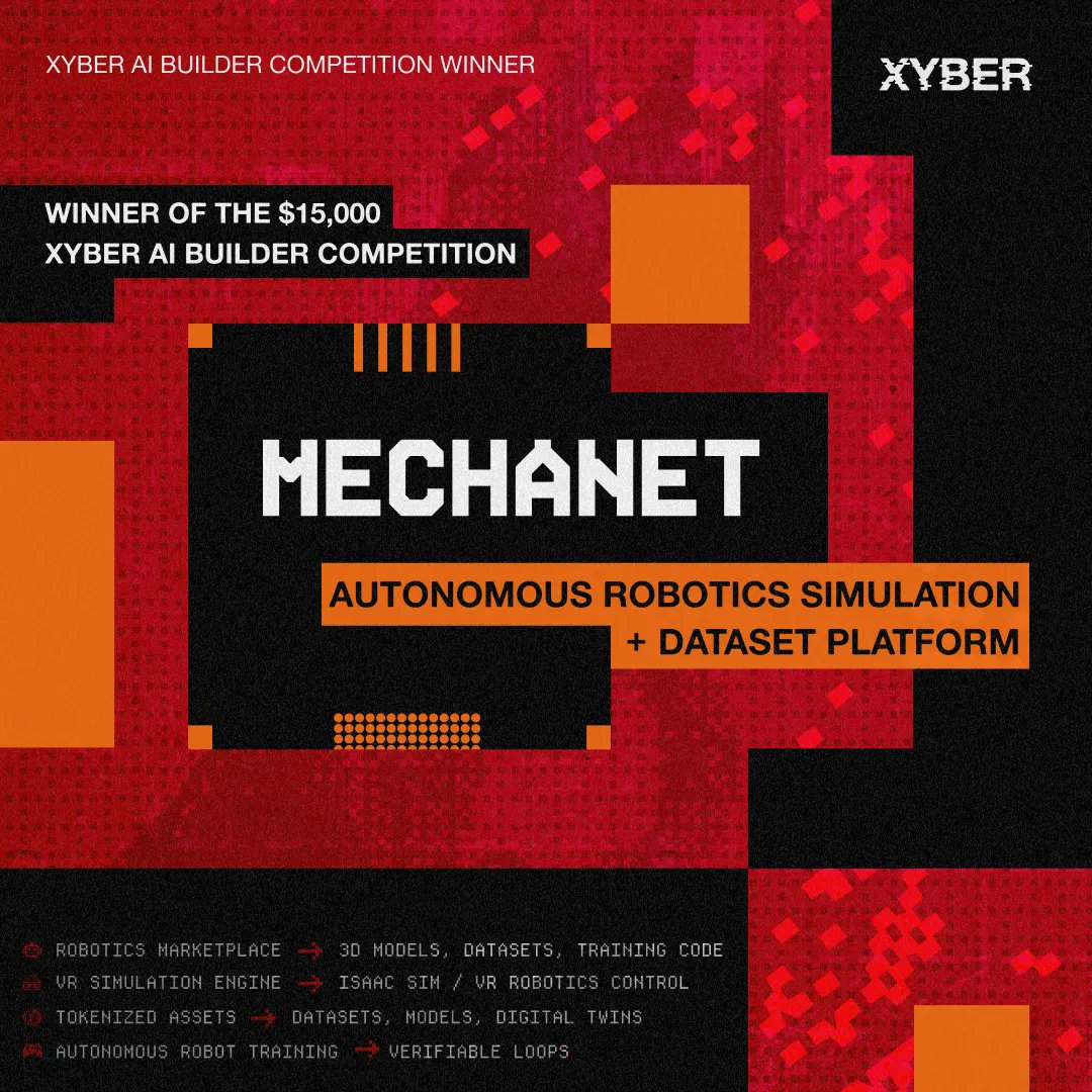 Xyberinc's tweet image. the verdict is in
one build rose above the rest

MechaNet has claimed the top spot in the Xyber AI Builder Competition:
a system where robots learn, simulate, and evolve through a marketplace of machine intelligence

this is only the beginning

welcome to Xyber, @MechaNet_AI