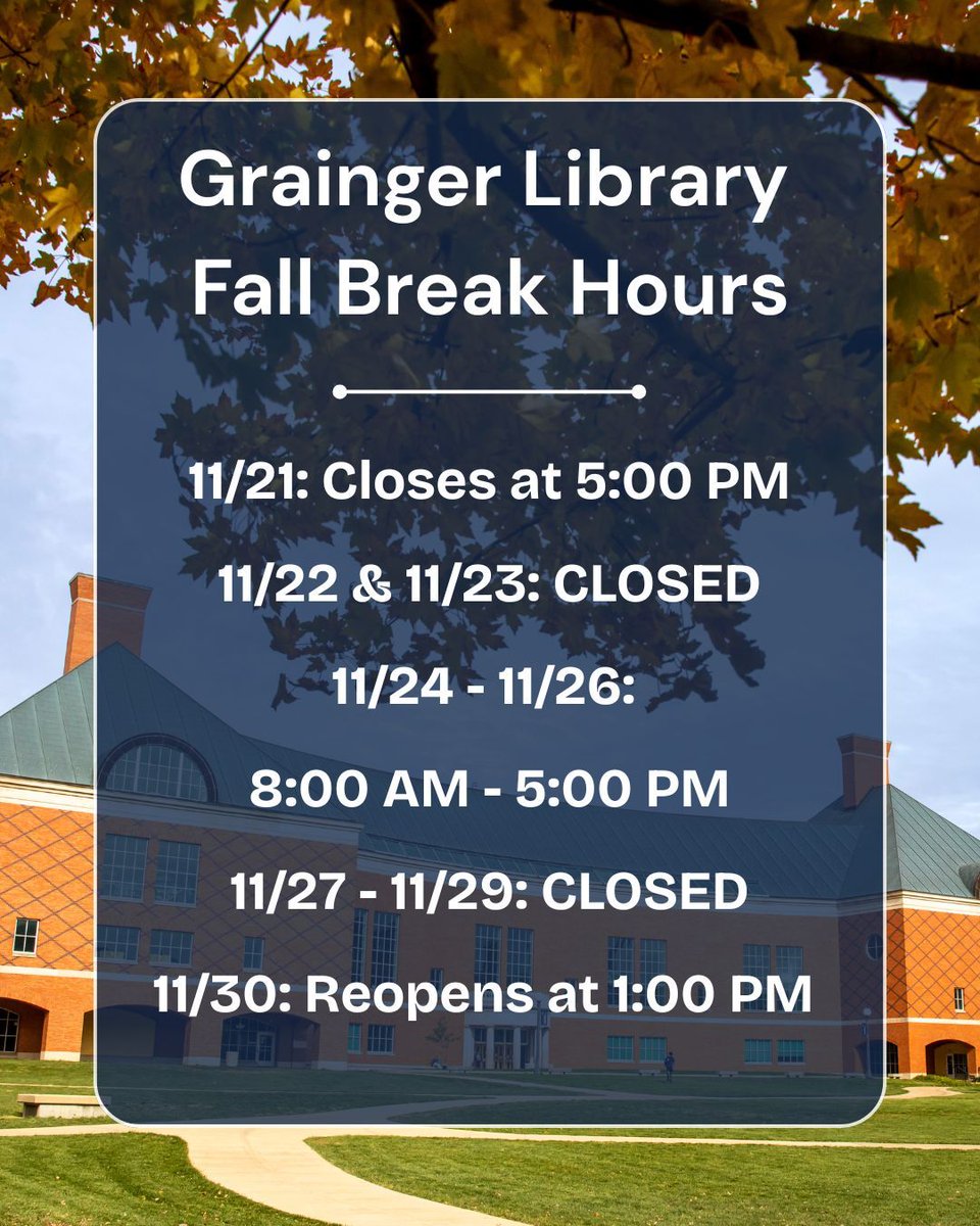 graingerlibrary's tweet image. Grainger Library and the IDEA Lab will close early on Friday, November 21st and return to their regular operating hours on Monday, December 1st. The Grainger Library will have varying hours during the break and the IDEA Lab will be closed for the whole break. Take care everyone!