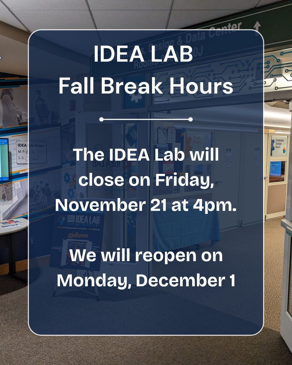graingerlibrary's tweet image. Grainger Library and the IDEA Lab will close early on Friday, November 21st and return to their regular operating hours on Monday, December 1st. The Grainger Library will have varying hours during the break and the IDEA Lab will be closed for the whole break. Take care everyone!