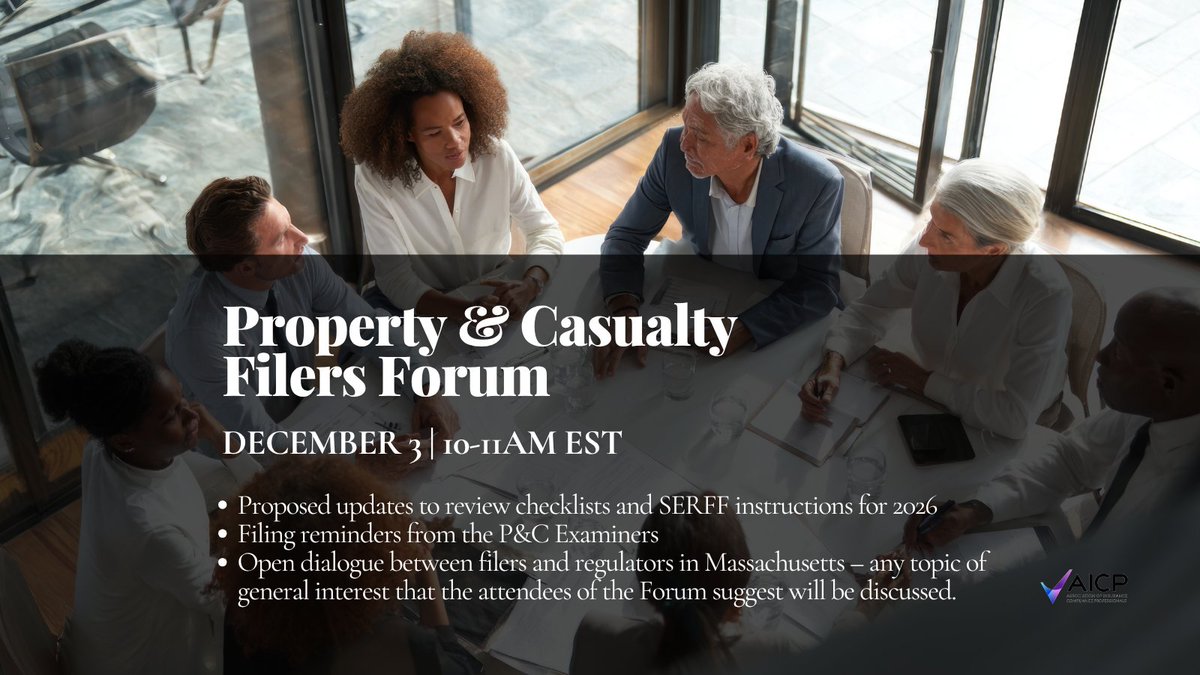 #JoinAICP on December 3 for the Property &amp; Casualty Filers Forum: bit.ly/3LWML3L

This virtual session brings P&amp;C filers and the Division together for open communication, updates, and discussion on key filing considerations across Massachusetts. 

#InsuranceCompliance