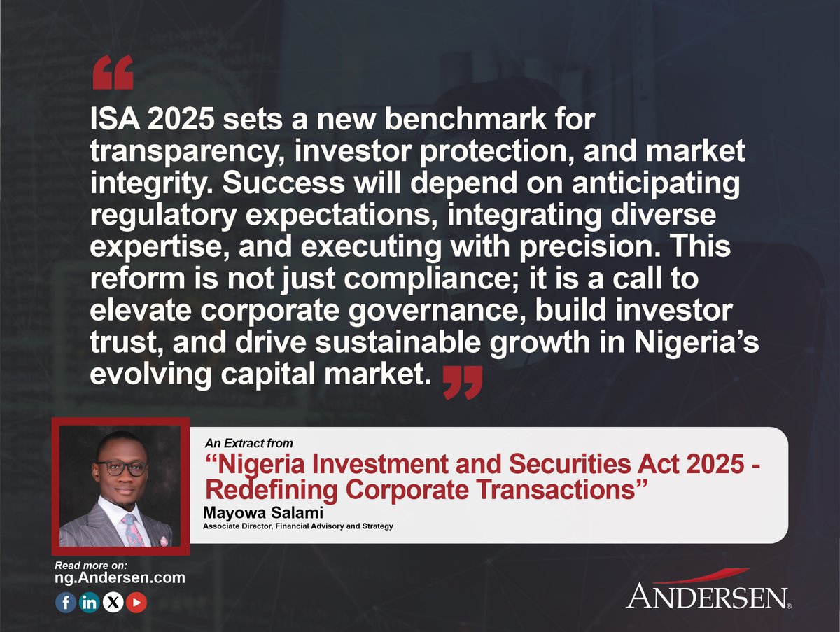 AndersenNigeria's tweet photo. 📘ISA 2025 sets a new benchmark for transparency, investor protection and market integrity.

Success will depend on anticipating regulatory expectations, integrating diverse expertise and executing with precision. 

🔗Discover More: https://t.co/HCxMcmTkfw

#ISA #Provisions https://t.co/Ekk1P3dNCw