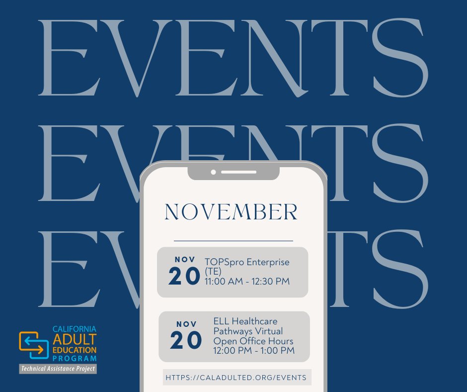 Don't miss out on the upcoming online events hosted this month. Register today! 💥

caladulted.org/Events 🌟

#AdultEducation #AdultEd #AdultEdu #CAEP