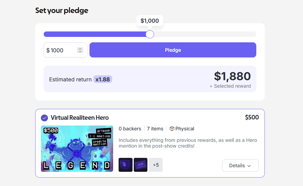 예상 수익과 보상 옵션을 보여주는 Fundl 후원 인터페이스