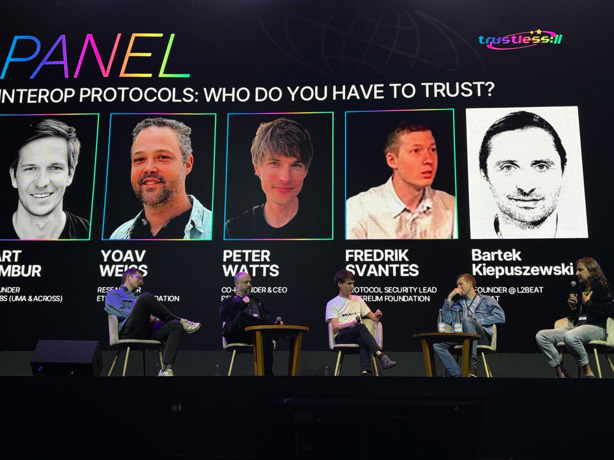 RelayProtocol's tweet photo. Live from Devconnect 🚀

Our Co-Founder @ptrwtts has jumped on stage for “Interop Protocols: Who Do You Have To Trust?”

Diving into the future of multichain UX, security guarantees, & why building  fast and reliable infra is critical to mass adoption.

This is why we're continuing to improve Relay everyday 💜