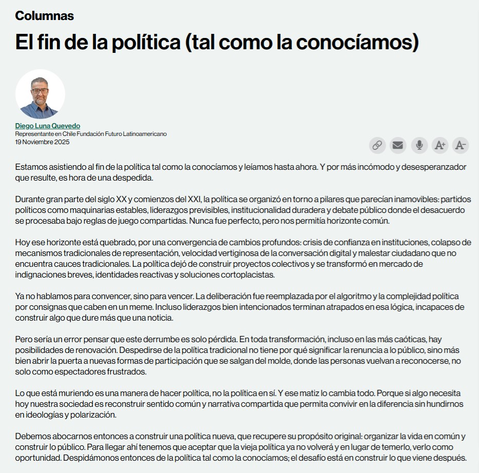 Comparto mi columna de hoy en La Segunda, a propósito del actual escenario político-electoral.