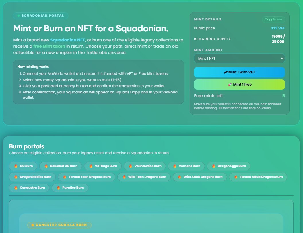 Murtagh300's tweet image. Did you know?

On @TurtleLabsV You can burn Quite some Collections for @SquadVeChain Squadonian Mint Tokens!

We just Deployed a Nice UI Update!

Check it out through the Link in BIO!

Join the $SQUAD Today!