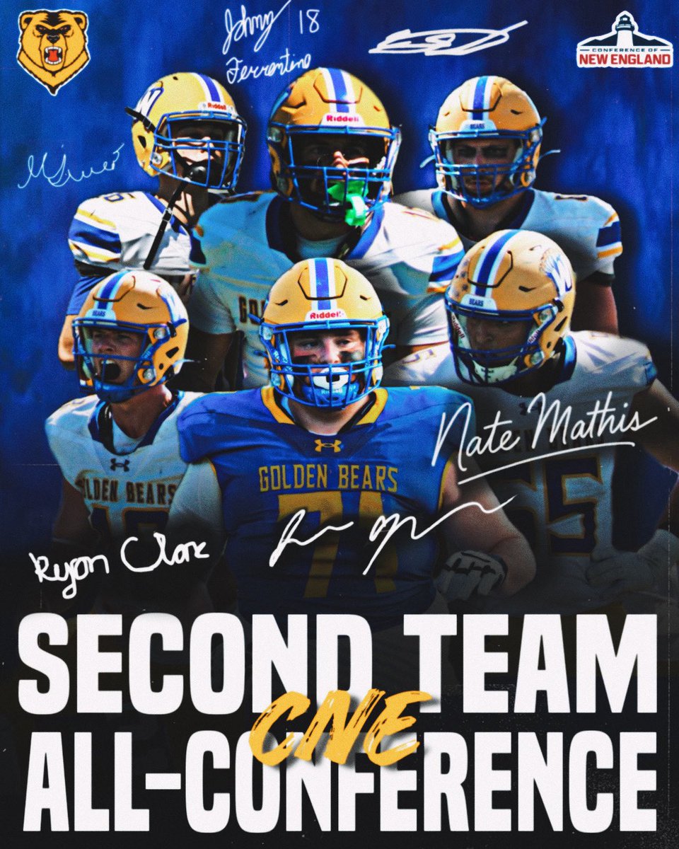 All-CNE 🏅‼️Congratulations to OT Jackson Gertsacov, DE Nate Mathis, LB Ryan Clark, DB Johnny Ferrentino, G Collin LeBlanc, and K Max LoGrasso on making the All-CNE Second Team 👏 #AlwaysOn #RollGBears