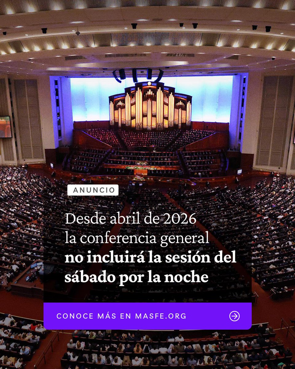 Masfe_org's tweet image. La primera presidencia de La Iglesia de Jesucristo de los Santos de los Últimos Días ha decidido que desde abril de 2026 no se llevará a cabo la sesión del sábado por la noche. 
Para más información, visita aquí: bit.ly/4i8HH8D
#conferenciageneral #sud