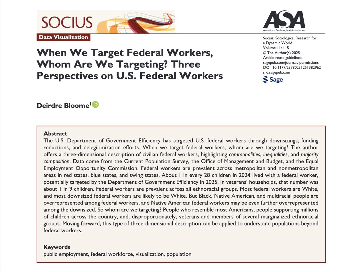 SociusJournal's tweet image. Visualizing the DOGE Firings

D. Bloome’s new #datavisualization in #Socius highlights commonalities, inequalities, and the majority composition of #federalworkers targeted by the Department of Government Efficiency.

Read: doi.org/10.1177/237802…