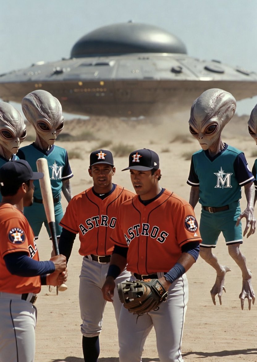 Hunty2020NEW's tweet image. BREAKING:

A group of Houston Astros players are currently at Area 51 visiting. A spaceship containing aliens wearing Mariners jerseys has landed nearby. More info as the visit goes on.