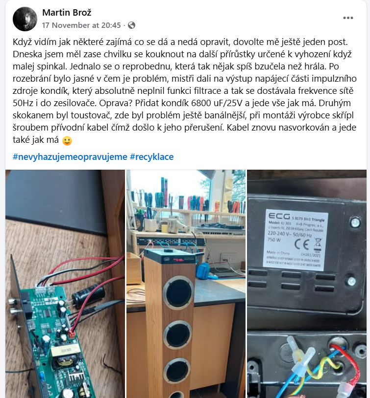 Bratr si koupil pár palet vyřazené elektroniky od velkého českého elektroprodejce... a teď tráví volné chvilky tím, že se dívá, proč to nefunguje.

Pěkná ukázka, k čemu je dobrá průmyslovka a chápání tajů slaboproudu :)

A postupně si tak vybavuje domácnost novou elektronikou :D