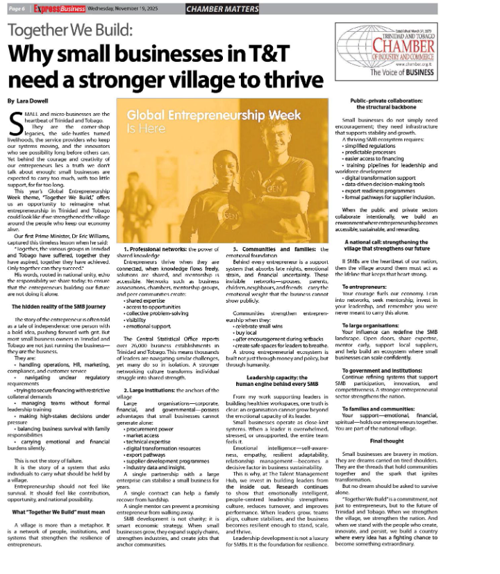TTChamber's tweet image. For this week’s Global Entrepreneurship Week, we are featuring a reminder that small and micro-businesses are the heartbeat of Trinidad &amp;amp; Tobago but they shouldn’t have to build alone.
Together We Build.

Read more by Lara Dowell, NOVA Committee Member:
trinidadexpress.com/business/local…