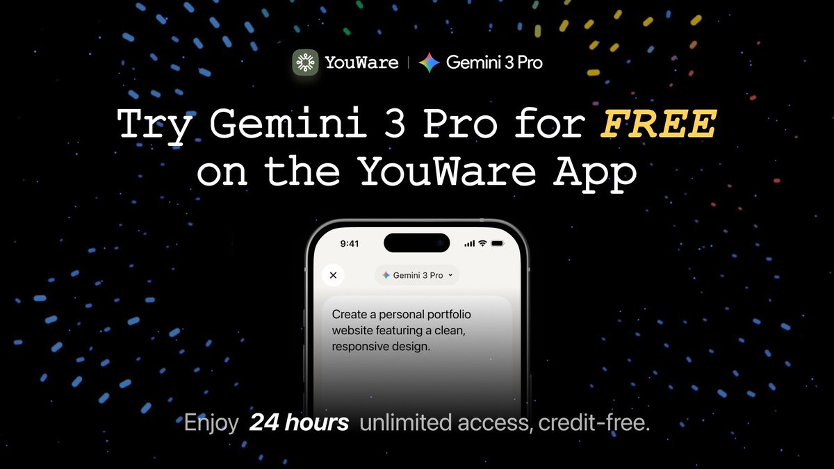 YouWareAI's tweet image. We just integrated Gemini 3.0 Pro, and we&apos;re giving everyone 24 hours free access to try it exclusively with our YouWare App.

Download the YouWare app, register, then enjoy unlimited credits for a full 24 hours!

If you&apos;ve ever wanted to build an app but don&apos;t know how to code,…