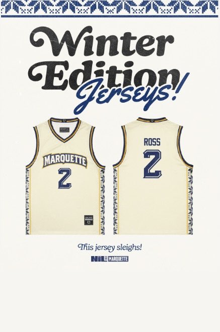 marquettestore's tweet image. When the weather gets cold, the jerseys get colder. 
Marquette’s Winter LIMITED Edition jerseys are here, bringing icy details and big NIL energy. Stay warm, stay golden, stay sleighing. 

Shop now ➡️ nil.store/marquette
 #MUNIL #WinterEdition