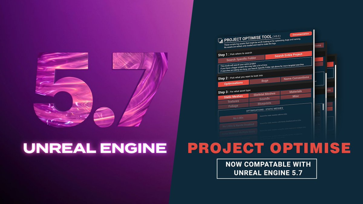 I’ve updated Project Optimise to support Unreal Engine 5.7!

It's my tool that searches your whole #UE5 project contents for bugs, optimisation issues, and naming problems

Get it on FAB 👇
buff.ly/AgvPTr3 

UE 5.7 just came out of preview, so I ported the tool over, did