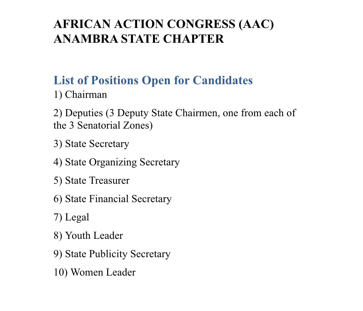 ATTENTION ; AAC Anambra State Members,
This is to officially inform you that the following positions in the attached documents are now open for election in the upcoming AAC Anambra State Congress:👇🏾
