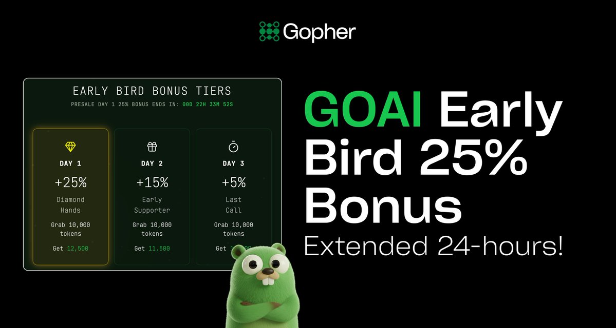 gopher_ai's tweet image. $GOAI 25% Presale Bonus EXTENDED ⚡
24-hours added to the Early Bird window.

You can thank Cloudflare for nuking the internet yesterday! Gotta put community 1st 🐾

For the next 24hrs only ⏳
 💎 Extra 25% bonus on your $GOAI allocation

Join now: 
 👉 hub.gopher-ai.com/ico-presale
