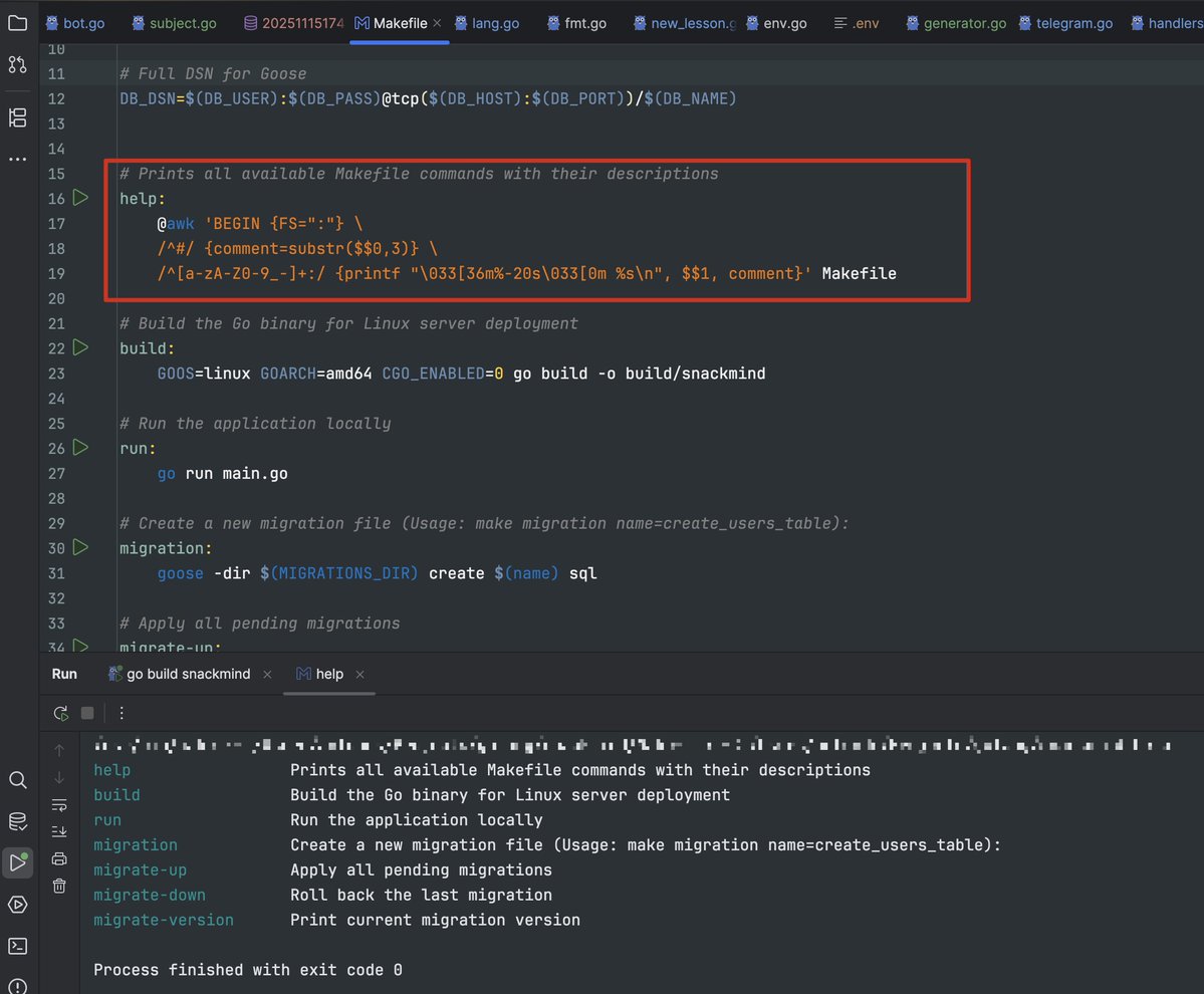 anton_dolganin's tweet image. If you’re using Makefiles — add a make help command.
It auto-parses comments and shows all tasks instantly.

```
help:
 @awk &apos;BEGIN {FS=&quot;:&quot;} \
 /^#/ {comment=substr($$0,3)} \
 /^[a-zA-Z0-9_-]+:/ {printf &quot;\033[36m%-20s\033[0m %s\n&quot;, $$1, comment}&apos; Makefile
```

#makefile #devtips